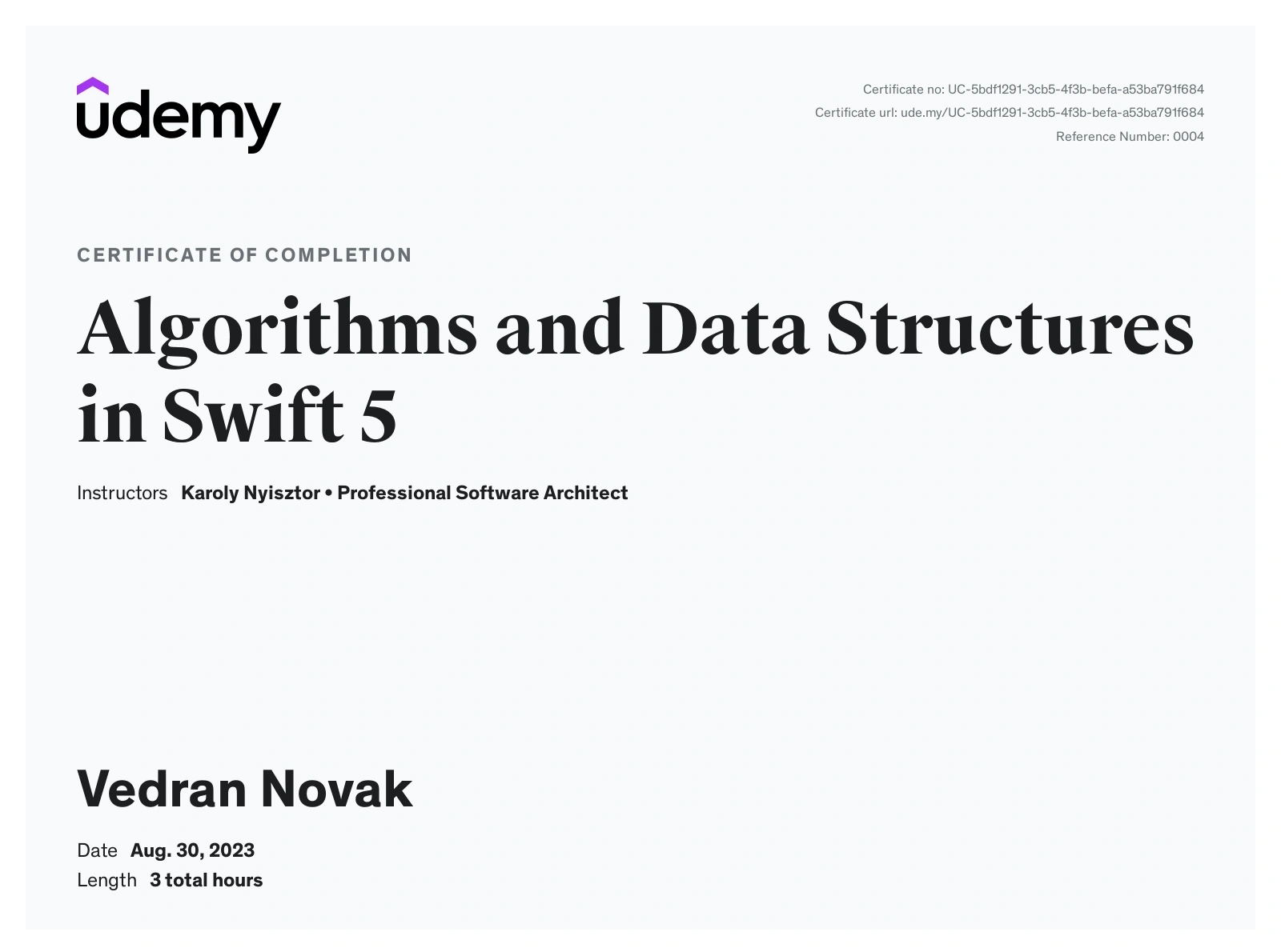 Certificate titled Algorithms and Data Structures in Swift 5 by Udemy
