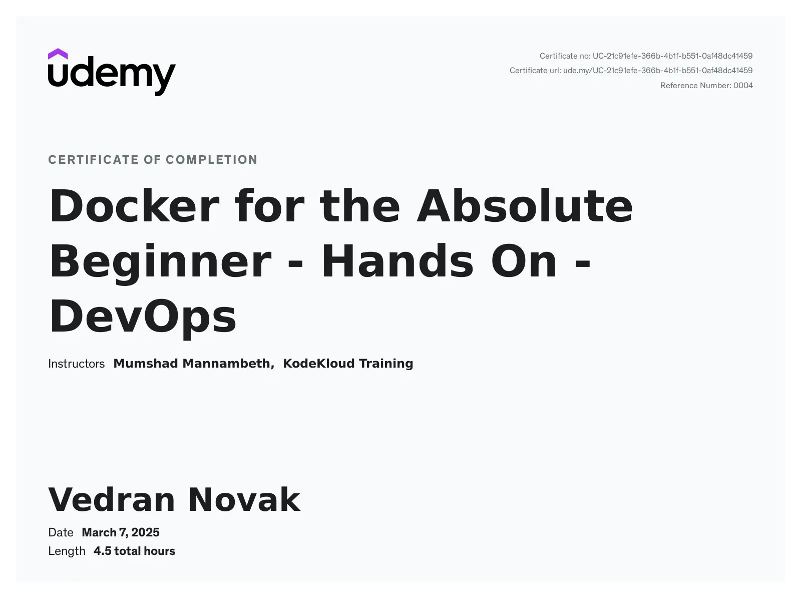 Certificate titled Docker for the Absolute Beginner - Hands On - DevOps by Udemy