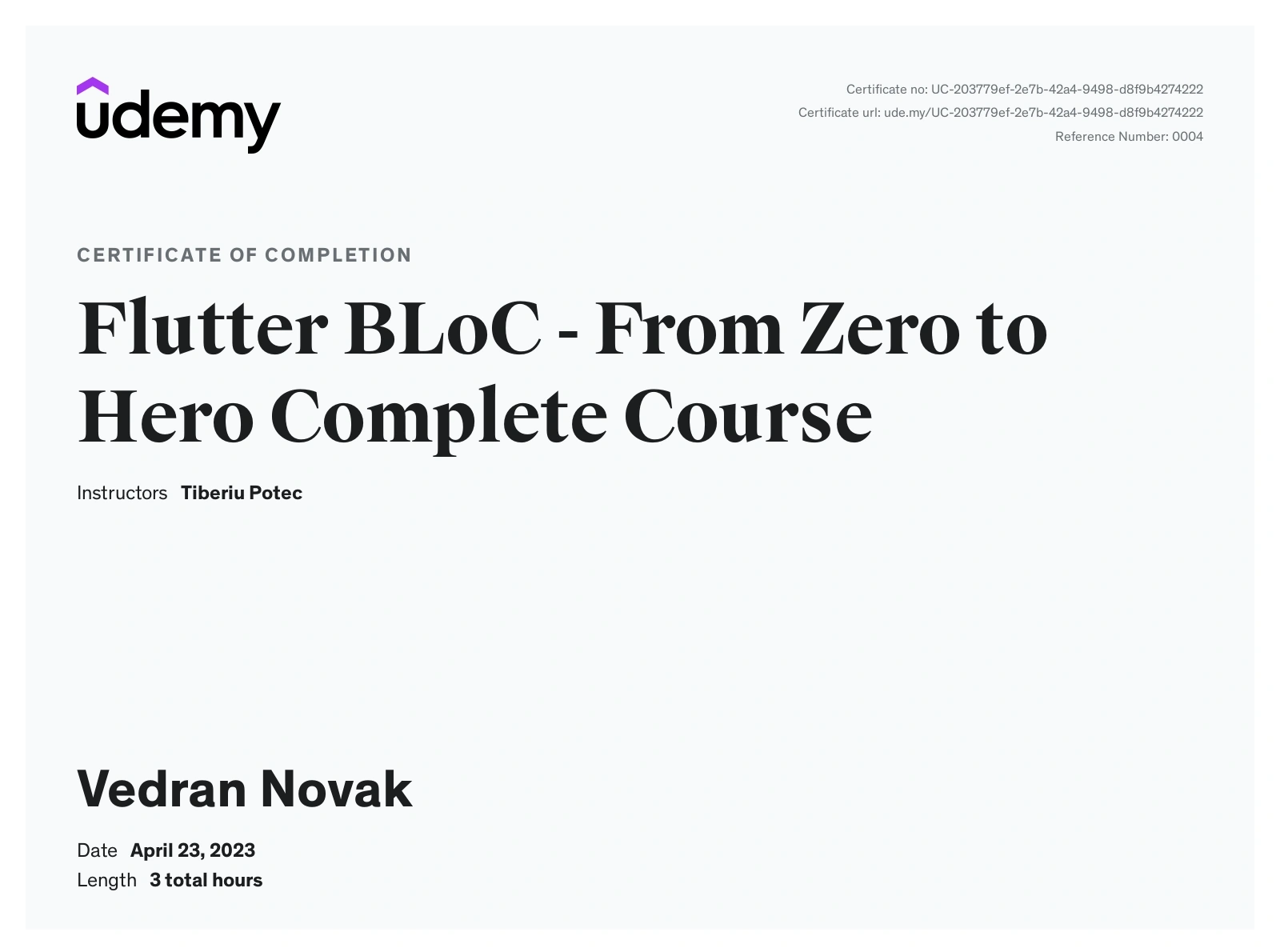 Certificate titled Flutter BLoC - From Zero to Hero Complete Course by Udemy