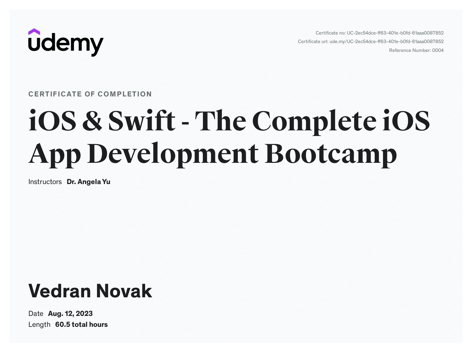 Certificate titled iOS & Swift - The Complete iOS App Development Bootcamp by Udemy