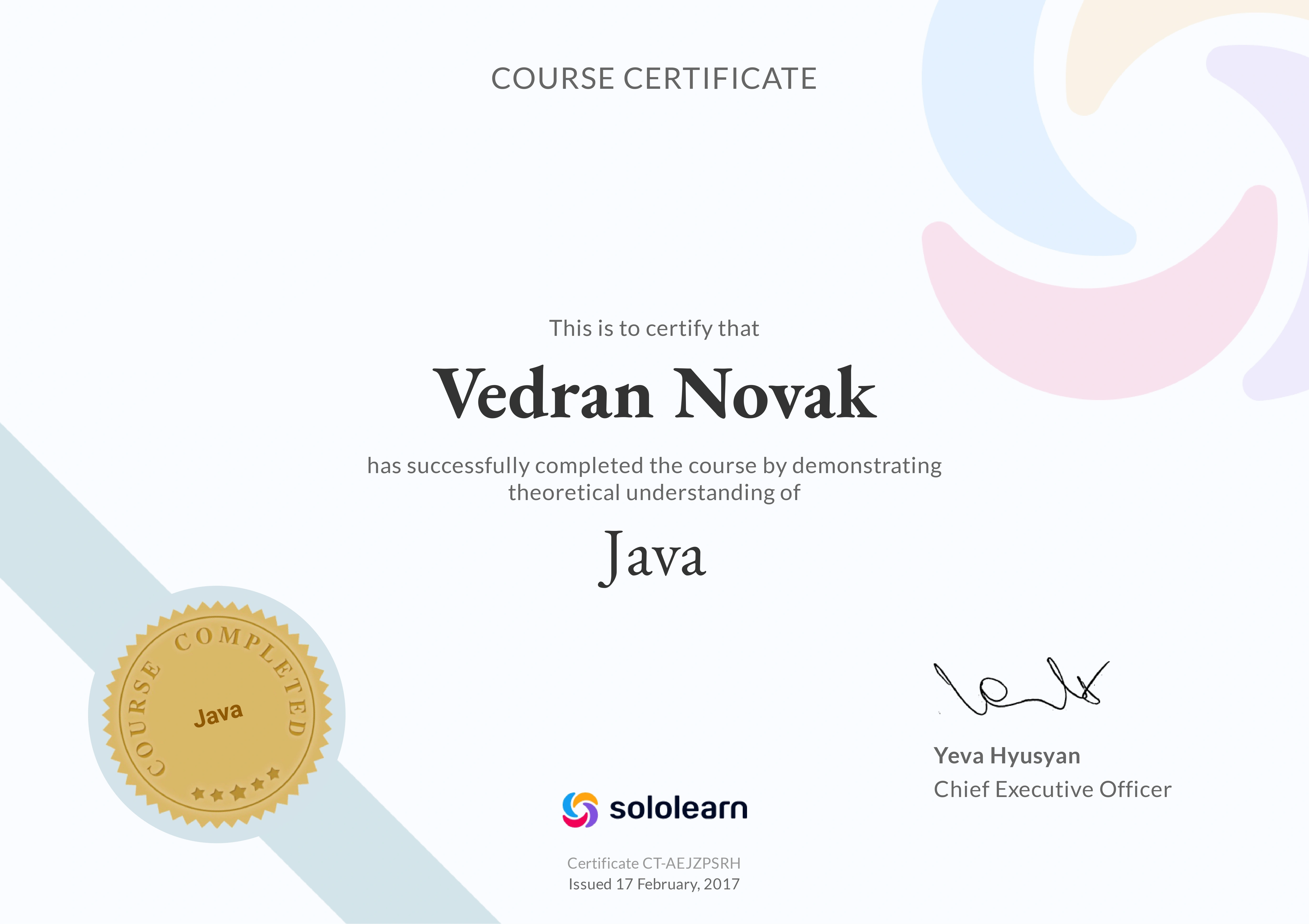 Certificate titled Introduction to Programming Using Java by SoloLearn