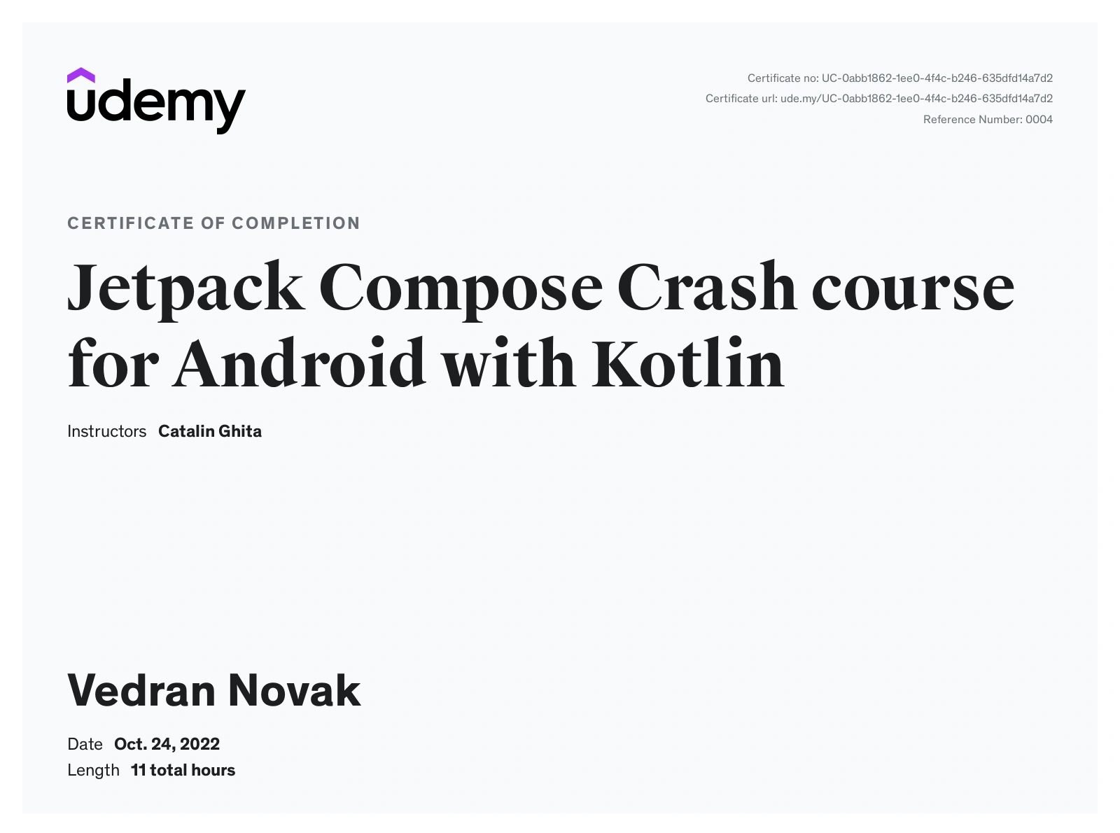 Certificate titled Jetpack Compose Crash course for Android with Kotlin by Udemy