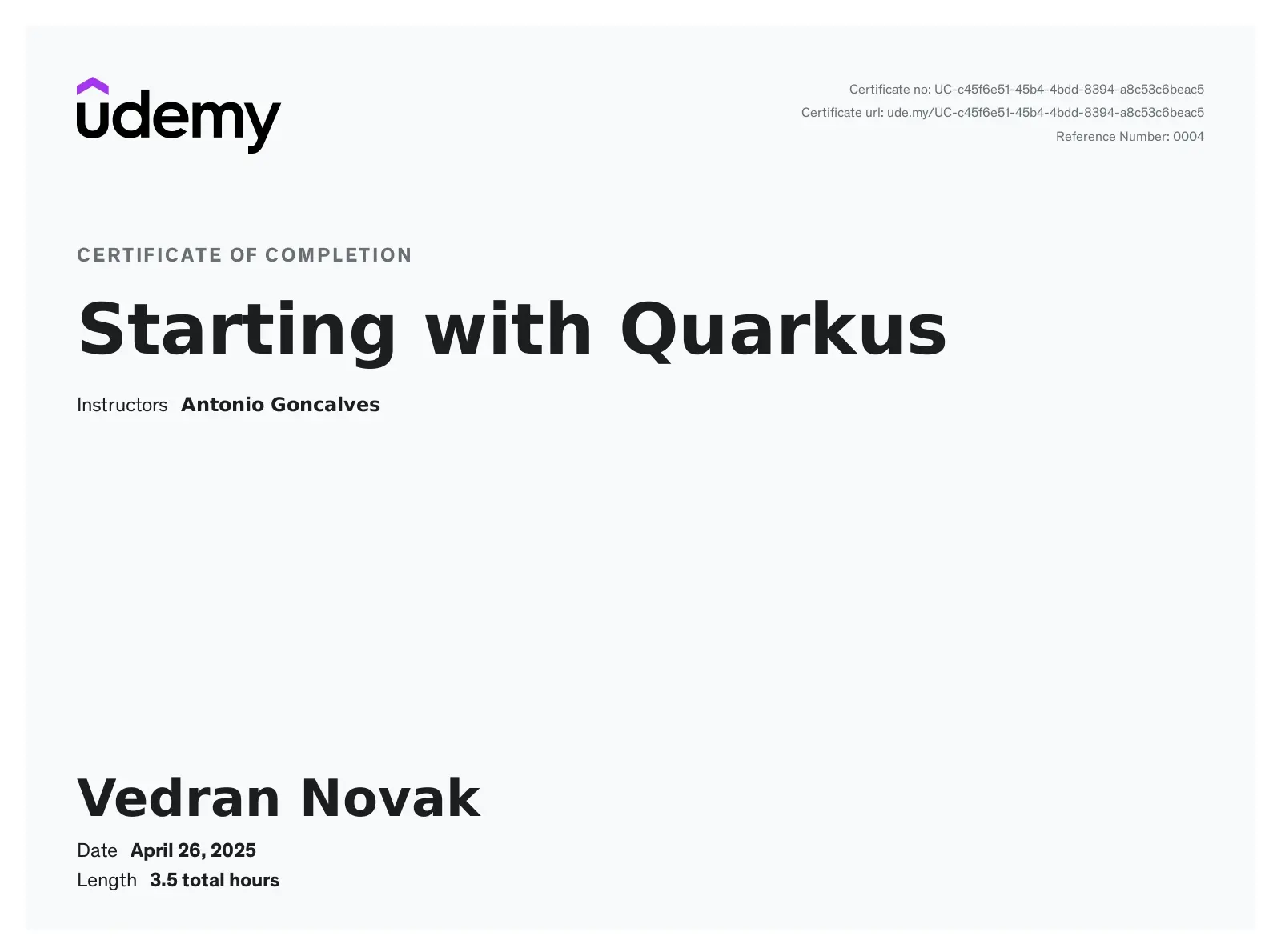 Certificate titled Starting with Quarkus by Udemy