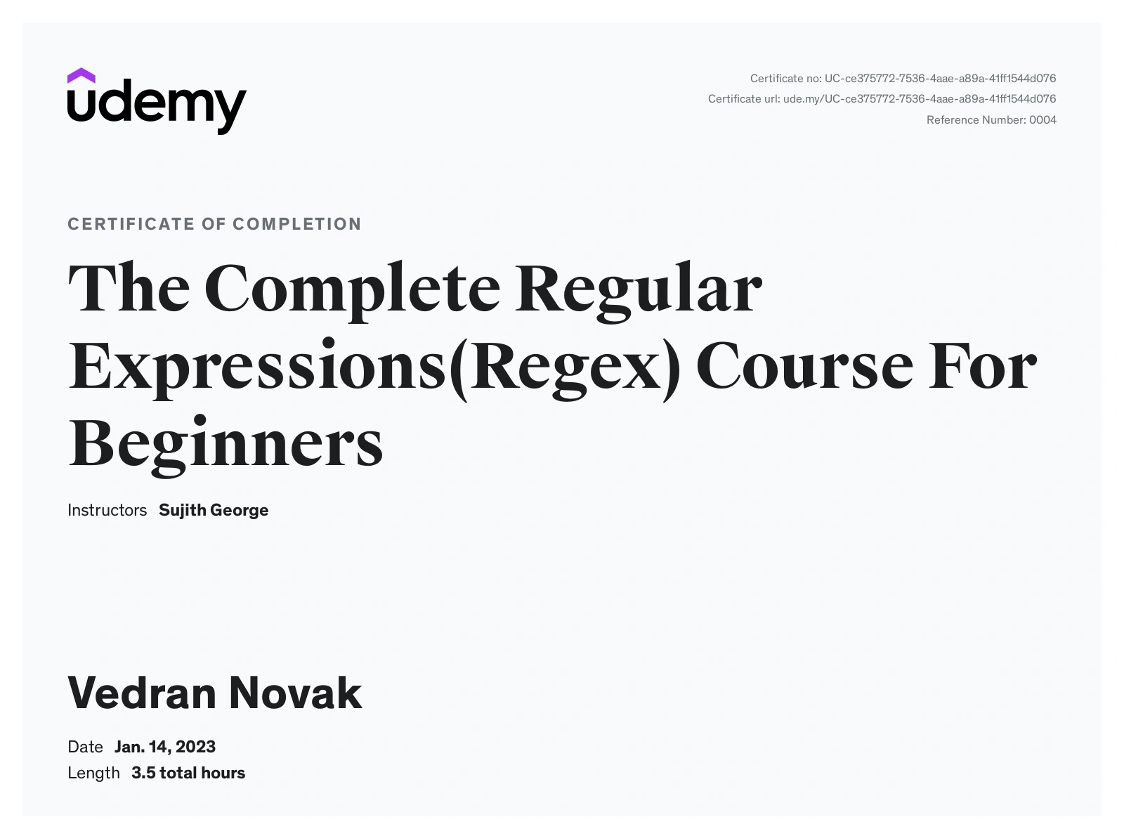 Certificate titled The Complete Regular Expressions(Regex) Course For Beginners by Udemy